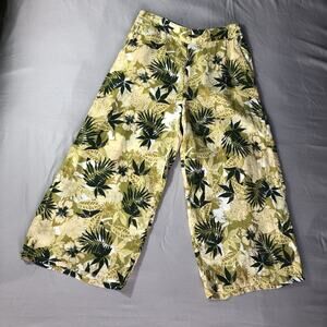 Tahari 100% Linen Wide-Leg Cropped Tropical Print Pants Elastic Waist Size Large